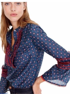 J CREW 8 Ruffled Trim Blue-red  Flare Wrist silk blend lightweight cottagecore